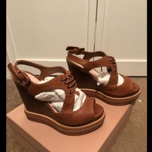 Miu Miu Tan Leather Wedged Sandals